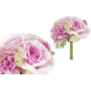 Hortenzie a růže, puget, barva lila. Květina umělá. KN5122-LILA, sada 18 ks