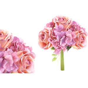 Hortenzie a růže, puget, barva lila a růžová. Květina umělá. KN5123-MIX1, sada 18 ks
