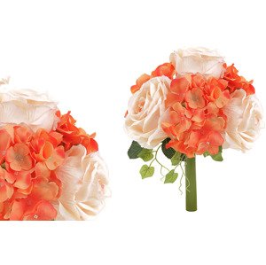 Hortenzie a růže, puget, barvy oranžová a smetanová. Květina umělá. KN5123-MIX2, sada 18 ks