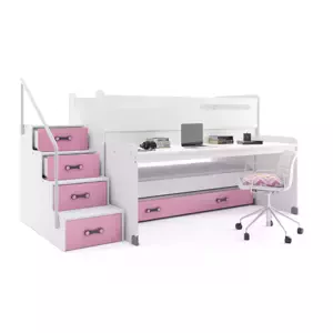 Dětská patrová postel Max 1 - 3 osoby – bílá - růžová, 80x200 s přistýlkou