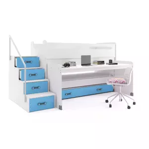 Dětská patrová postel Max 1 - 3 osoby – bílá - modrá, 80x200 s přistýlkou