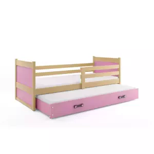 Dětská postel Rico - 2 osoby, 80x190 s výsuvnou přistýlkou – Borovice, Růžová