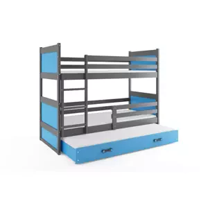 Dětská patrová postel Rico - 3 osoby, 80x190 s výsuvnou přistýlkou – Grafitová, Modrá
