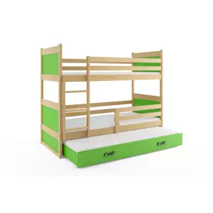 Dětská patrová postel Rico - 3 osoby, 80x160 s výsuvnou přistýlkou – Borovice, Zelená