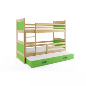 Dětská patrová postel Rico - 3 osoby, 80x190 s výsuvnou přistýlkou – Borovice, Zelená