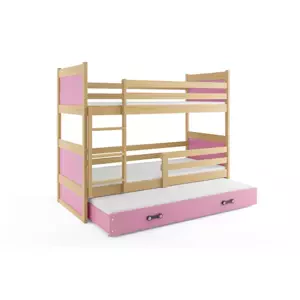 Dětská patrová postel Rico - 3 osoby, 90x200 s výsuvnou přistýlkou – Borovice, Růžová