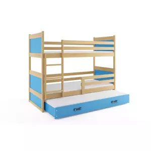 Dětská patrová postel Rico - 3 osoby, 80x160 s výsuvnou přistýlkou – Borovice, Modrá