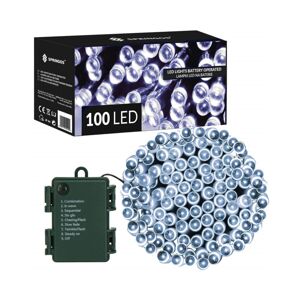 LED světelný řetěz - 10m, 100LED, 8 funkcí, 3xAA, IP44, studená bílá