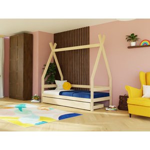 Benlemi Dětská dřevěná postel SAFE 5v1 ve tvaru teepee se zábranou a úložným šuplíkem Zvolte barvu: Námořnická modrá, Zvolte rozměr: 90x180 cm, Zvolt…