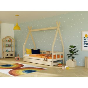 Benlemi Dětská teepee postel FENCE 4v1 ze dřeva se zábranou a úložným šuplíkem Zvolte barvu: Béžová, Zvolte rozměr: 90x160 cm, Zvolte zábranu: S otev…