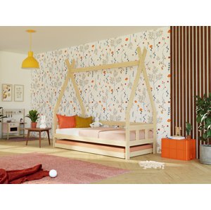 Benlemi Dětská teepee postel FENCE 4v1 ze dřeva se zábranou a přistýlkou Zvolte barvu: Béžová, Zvolte rozměr: 90x180 cm, Zvolte zábranu: S otevřeným …