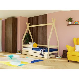 Benlemi Dětská dřevěná postel SAFE 5v1 ve tvaru teepee se zábranou a úložným šuplíkem Zvolte barvu: Cihlová, Zvolte rozměr: 90x200 cm, Zvolte zábranu…