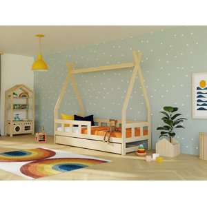 Benlemi Dětská teepee postel FENCE 4v1 ze dřeva se zábranou a úložným šuplíkem Zvolte barvu: Béžová, Zvolte rozměr: 90x160 cm, Zvolte zábranu: S jedn…