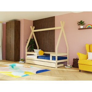 Benlemi Dětská dřevěná postel SAFE 5v1 ve tvaru teepee se zábranou a úložným šuplíkem Zvolte barvu: Pastelově růžová, Zvolte rozměr: 90x160 cm, Zvolt…
