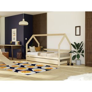 Benlemi Dětská dřevěná postel domeček SAFE 3v1 se zábranou a úložným šuplíkem Zvolte barvu: Bílá, Zvolte rozměr: 120x200 cm, Zvolte zábranu: S otevře…