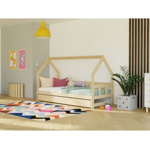 Benlemi Dětská postel domeček FENCE 2v1 ze dřeva se zábranou a úložným šuplíkem Zvolte barvu: Béžová, Zvolte rozměr: 120x200 cm, Zvolte zábranu: S ot…