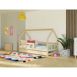 Benlemi Dětská postel domeček FENCE 2v1 ze dřeva se zábranou a úložným šuplíkem Zvolte barvu: Šalvějová zelená, Zvolte rozměr: 90x160 cm, Zvolte zábr…