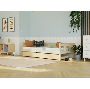 Benlemi Dřevěná jednolůžková postel FENCE 4v1 se zábranou a úložným šuplíkem Zvolte barvu: Bílá, Zvolte rozměr: 120x200 cm, Zvolte zábranu: S otevřen…
