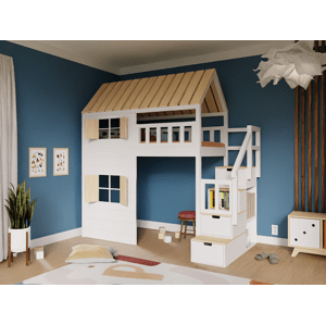 WoodPassion Zvýšená postel CHALOUPKA s úložnými schody 90x200 cm Zvolte barvu: Bílá - Přírodní, Zvolte stranu: Vlevo