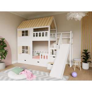 WoodPassion Domečková patrová postel CHALOUPKA se skluzavkou a úložnými schody 90x200 cm Zvolte barvu: Bílá - Přírodní, Zvolte šuplík: Úložný šuplík,…