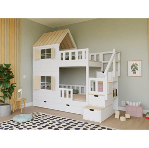 WoodPassion Patrová postel CHALOUPKA s poloviční střechou a úložnými schody 90x200 cm Zvolte barvu: Bílá - Přírodní, Zvolte šuplík: Dvojitý úložný šu…