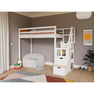 WoodPassion Zvýšená dřevěná postel PATRO s úložnými schody 90x200 cm Zvolte barvu: Bílá, Zvolte stranu: Vpravo