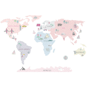 Pastelowe Love Dětské nástěnné samolepky MAPA SVĚTA růžové Rozměr: L, Jazyk: Anglický