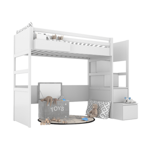 BAMI Bílá vyvýšená postel SIMONE s úložnými schody a policí 90x200 cm Zvolte stranu: Vpravo