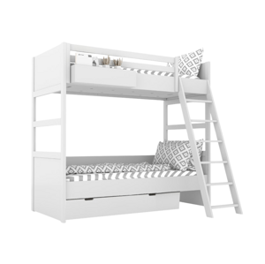 BAMI Bílá dětská patrová postel SIMONE se žebříkem a policí 90x200 cm Zvolte šuplík: Bez šuplíku