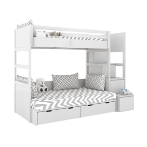 BAMI Bílá patrová postel se dvěma lůžky SIMONE s úložnými schody a policí 90x200 cm, 120x200 cm Zvolte šuplík: Bez šuplíku, Zvolte stranu: Vlevo