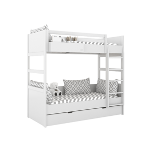 BAMI Bílá patrová postel se dvěma lůžky SIMONE se žebříkem a policí 90x200 cm Zvolte šuplík: Dvojitý úložný šuplík