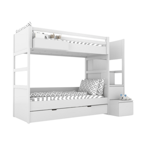 BAMI Bílá dětská patrová postel SIMONE s úložnými schody a policí 90x200 cm Zvolte šuplík: Úložný šuplík, Zvolte stranu: Vlevo