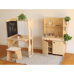 Myminihome Dětská dřevěná kuchyňka s vybavením + kuchyňský ostrůvek s křídovou tabulí Zvolte barvu: Nelakovaná